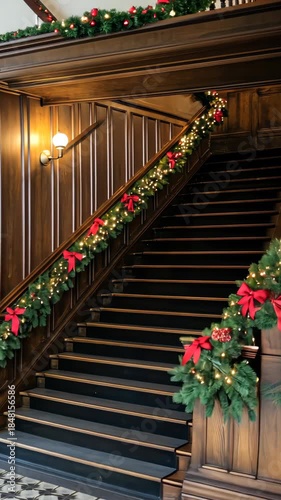 A charming staircase is adorned with lush greenery and vibrant bows, creating a festive atmosphere perfect for the holiday season