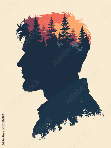 Double exposure silhouette. The man's profile is a solid black shape. Inside, a forest scene is drawn in white negative space. Two-tone vector