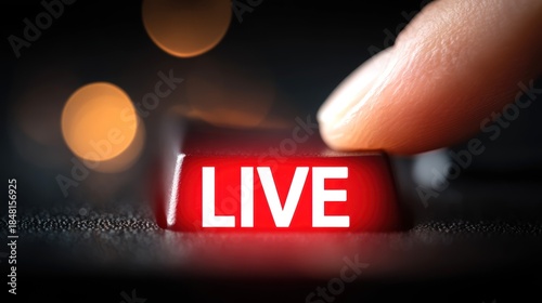 Finger Pressing Red Button with Live Text for Broadcast Concept