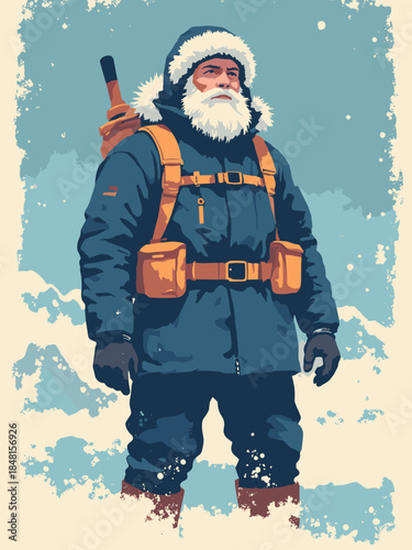 Arctic explorer. Vintage postage stamp style. Engraved lines. Flat, limited colors (white, blue). intricate but high contrast