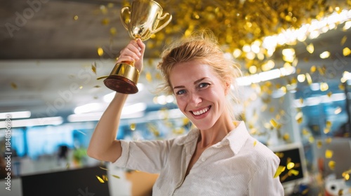 Celebrating Success in Office with Trophy and Confetti Celebration