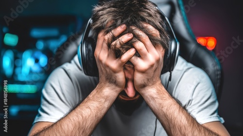 A young businessman holding his head with a sad and stressed expression because of a headache
