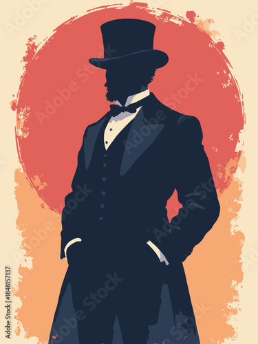 Victorian gentleman. Silhouette cutout style (cameo). Solid black side profile against a flat colored background. The simplest vector form
