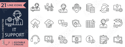 IT support vector icons for troubleshooting, cloud computing, and technical assistance. Features bug, FAQ, and maintenance.


