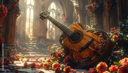 Intricate acoustic guitar amongst roses inside an ornate church, bathed in golden sunlight, fantastical and romantic