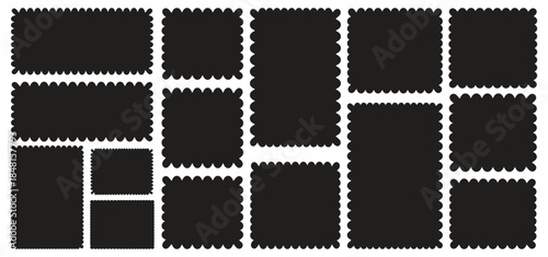 Zigzag edge rectangle shape collection. Rectangle Isolated elements for design of text box, badge, banner, torn paper, jagged box with zigzag edges. Rectangular and square scalloped frames.  