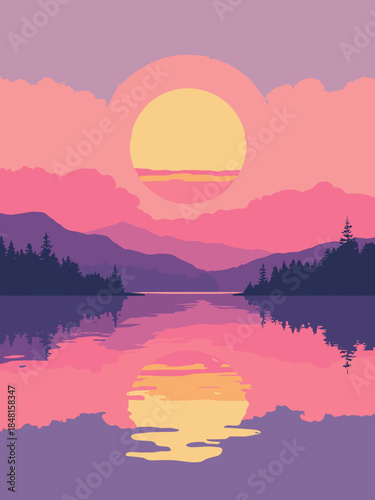 A sunrise over a lake. Horizontal bands of flat color. Purple water, pink sky, yellow sun half-circle. Retro 80s paper art style