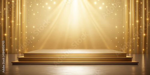 Golden stage luxury backdrop spotlight shimmering bokeh elegant podium gold curtain glowing light glamorous scene festive sparkle premium background radiant glow enhances golden stage and luxury