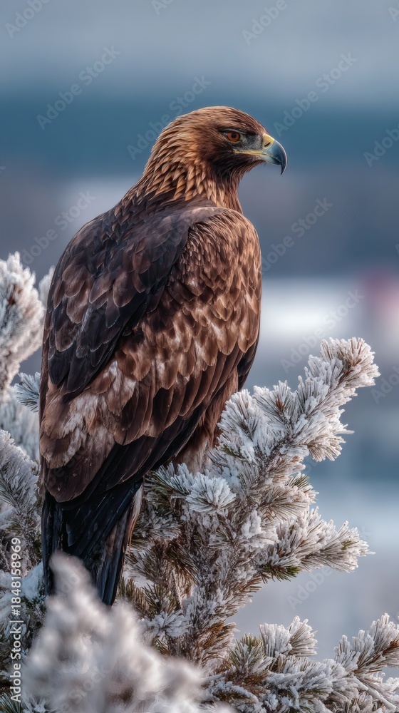 Fototapeta premium Golden eagle perched majestically on a frosted tree branch, observing the surroundings with keen eyesight