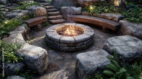 cozy outdoor fire pit with stone surround and seating area firepit  backyard
