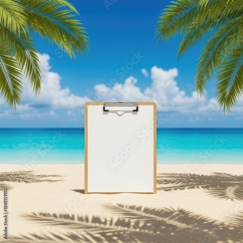 Blank clipboard on tropical beach isolated on white background