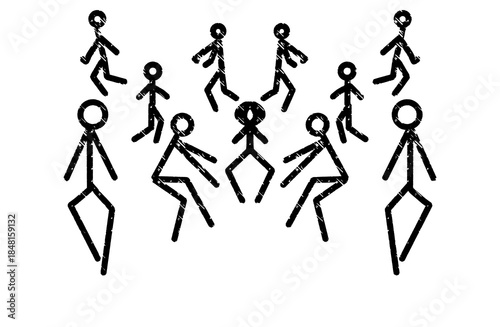 Hand drawn dancing stick figures set. Funny sketch people group having fun isolated on transparent background.