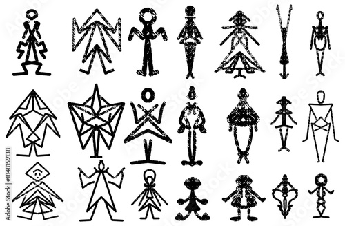 Abstract hand drawn tribal geometric figures set. Grunge sketch people symbols, mystical totems or alien hieroglyphs on transparent background.