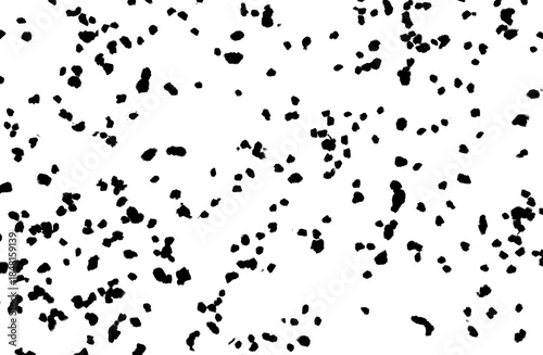 Scattered dust particles texture. Abstract flying black debris or confetti overlay on transparent background.