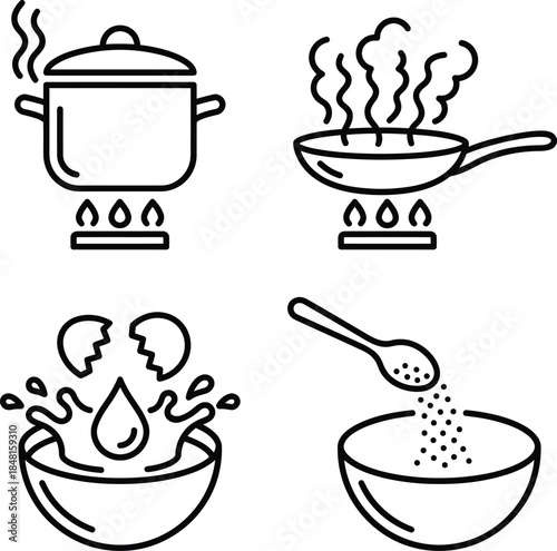 Cooking icons: boiling pot, frying pan, cracking egg, and adding seasoning