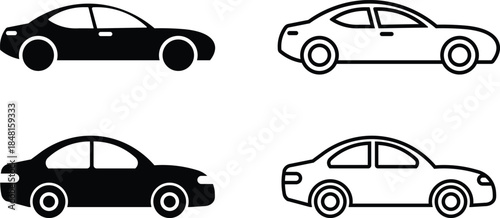 Four stylized car icons black and white side view automobile vehicle