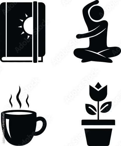 Self care and morning routine vector icon set including a journal notebook with sun symbol, yoga meditation person, hot coffee cup, and a growing flower in a pot.