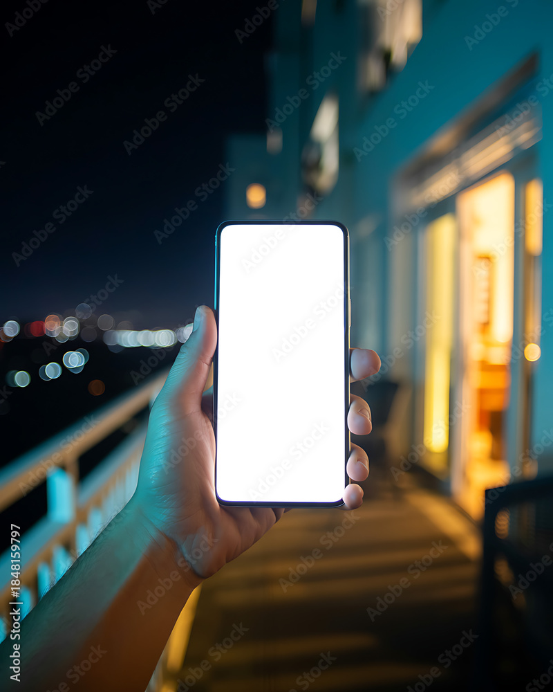 Fototapeta premium First person point of view of a hand holding a smartphone with a blank white screen mockup on a dark outdoor balcony at night with blurred city lights and warm room glow background