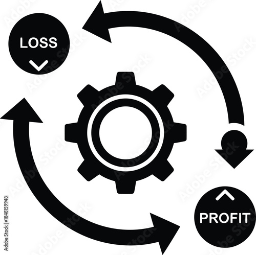 Business concept of profit and loss cycle with gear mechanism and circular arrows representing financial growth and risk management for corporate strategy design.