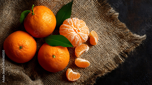 Fresh bright orange tangerines with green leaves arranged on a rustic burlap fabric background.