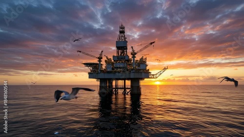 Offshore oil platform at sunset with seagulls circling above ocean waves. Dramatic cloudy sky over energy rig in calm sea. Industrial seascape and marine wildlife scene