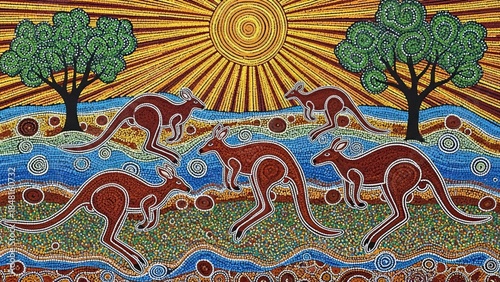 Vibrant aboriginal dot painting depicting five kangaroos leaping near trees under a brilliant radiating sun