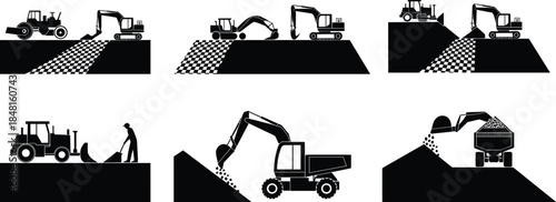 Construction machinery silhouette icon set showing excavators, bulldozers, loaders, dump trucks, and rollers in earthmoving and roadwork operations