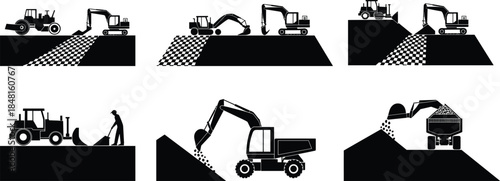 Construction machinery silhouette icon set showing excavators, bulldozers, dump trucks, and compactors in earth-moving and gravel loading operations.