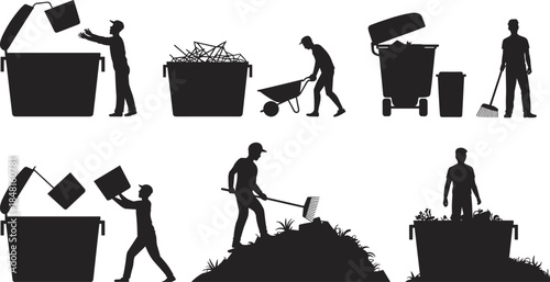 Yard waste disposal silhouette icon set showing cleanup, raking, composting, and bin handling for sanitation, recycling, and garden maintenance.
