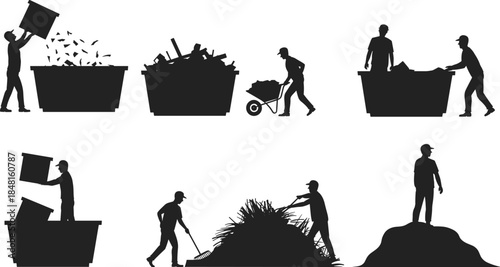 Waste management silhouette icon set showing cleanup, sorting, composting, and disposal activities for environmental, sanitation, and recycling design.