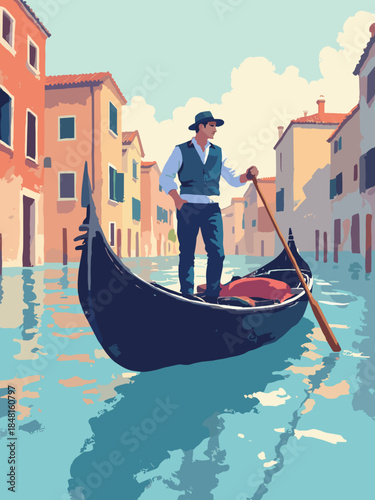 Venetian gondolier. Comic book style ink drawing with flat watercolor coloring. distinct separation between the blue water and the figure. Vector-ready line art