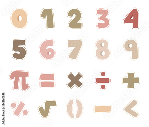 Mathematics symbol set in scandinavian style showing educational numbers and signs for learning arithmetic geometry school teaching science, perfect for your creative knowledge projects