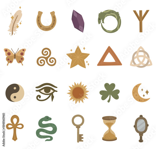 Magic symbol set in scandinavian style showing mystical icons ancient runes celestial signs protective spiritual elements harmony balance for magical inspiration