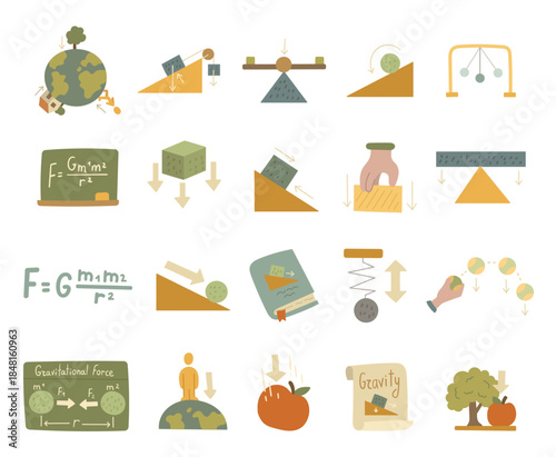 Physics gravity set in scandinavian style showing motion, balance, attraction, energy, law, education, experiment, theory, knowledge, and discovery for your science and learning projects