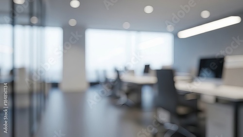 Empty modern office interior with bright natural light and blurred workstations creating a clean corporate background