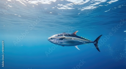 Wallpaper Mural A single tuna fish swimming in the deep blue ocean isolated on white background Torontodigital.ca