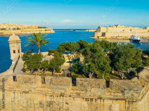 Drone view of park in Senglea city, fortress. Grand harbour. Malta island