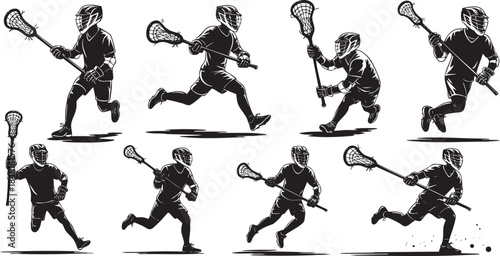 Lacrosse player running with stick in various poses Vector, illustration