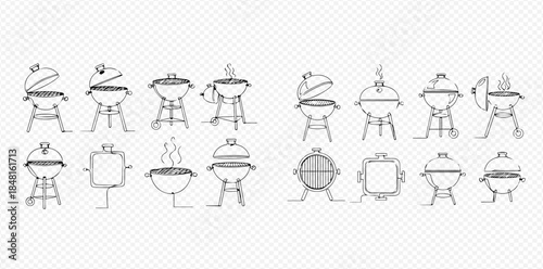 Collection of various barbecue grills and outdoor cooking equipment in hand-drawn sketch style.