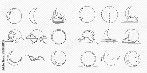 Set of hand-drawn moon phases and celestial elements in outline style on transparent background.