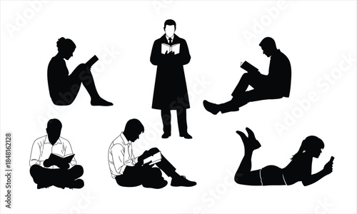 Silhouette of people reading books in different relaxed poses, education  peaceful study time, black and white flat vector illustration