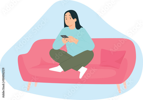using smartphones, woman sitting on sofa in cozy room and surfing internet. chat sms