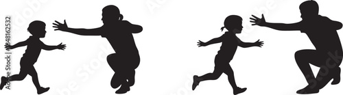 Happy children running towards adults in silhouette Vector, illustration