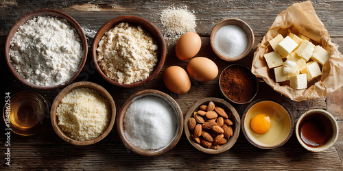 Various baking ingredients prepared in bowls on wooden table  