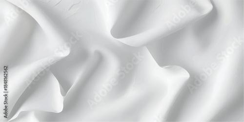 Luxurious white silk and satin fabric background featuring smooth flowing waves of soft grey textile material with a light blue liquid texture for an elegant wedding backdrop design