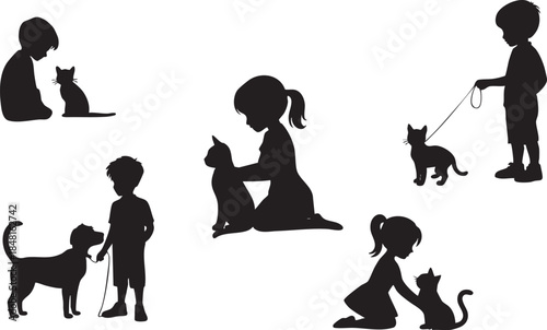 Children interacting with pets in various scenes Vector, illustration