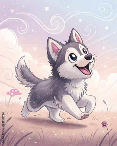 A dynamic husky is depicted running with a cheerful and excited expression on his face