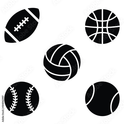 Set of vector sports ball icons including tennis football basketball and other game equipment illustration