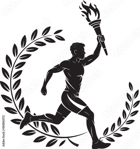 stylized athletic runner holding torch with laurel wreath emblem symbolizing victory and achievement