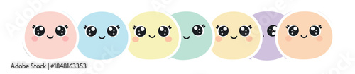 Set of cute kawaii cartoon faces with big sparkling eyes and happy smiles in a horizontal row, featuring a variety of soft pastel colors in a charming and cheerful illustration
